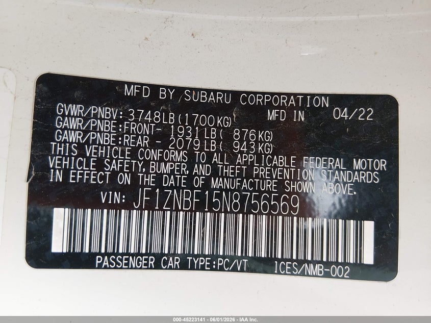 2022 Toyota Gr 86 VIN JF1ZNBF15N8756569 IAAI salvage auction — FRONT END, Salvage (Tennessee), sold $3,600 on 2026-07-23 (photo 9)