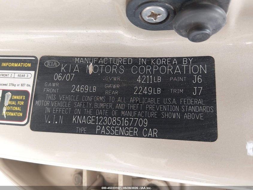2008 Kia Optima VIN KNAGE123085167709 IAAI salvage auction — RIGHT FRONT, Nrc Lienholder Repossession Paperwork (New Mexico), sold $600 on 2026-07-06 (photo 9)
