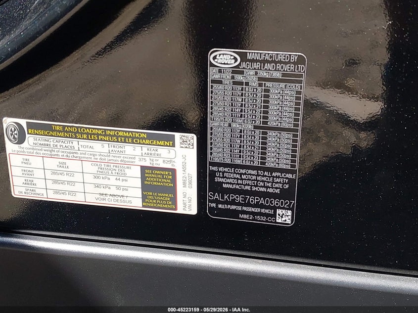 2023 Land rover RANGE ROVER VIN SALKP9E76PA036027 IAAI salvage auction — FRONT END, Salvage Title, sold $41,650 on 2026-07-13 (photo 9)