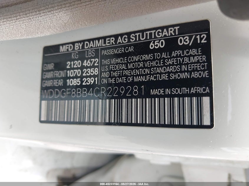 2012 Mercedes-benz VIN WDDGF8BB4CR229281 IAAI salvage auction — ALL OVER, Salvage Title, sold $175 on 2026-07-28 (photo 9)