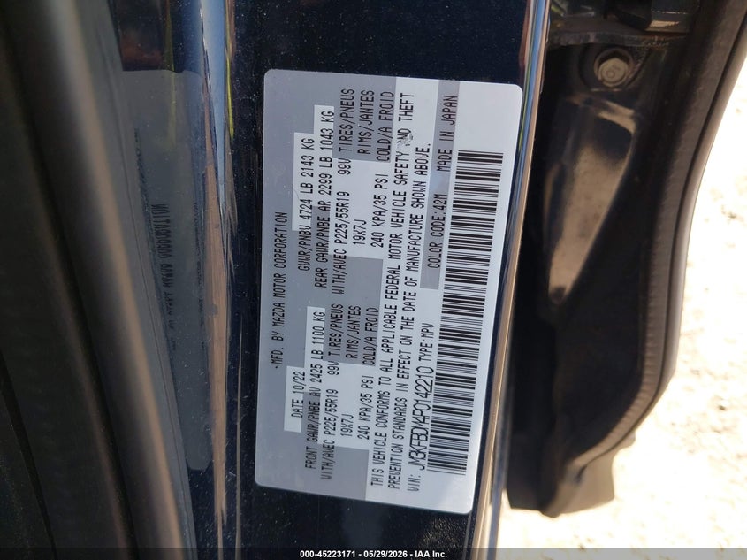 2023 Mazda Cx-5 VIN JM3KFBDM4P0142210 IAAI salvage auction — FRONT END, Salvage Title, sold $8,700 on 2026-07-08 (photo 9)