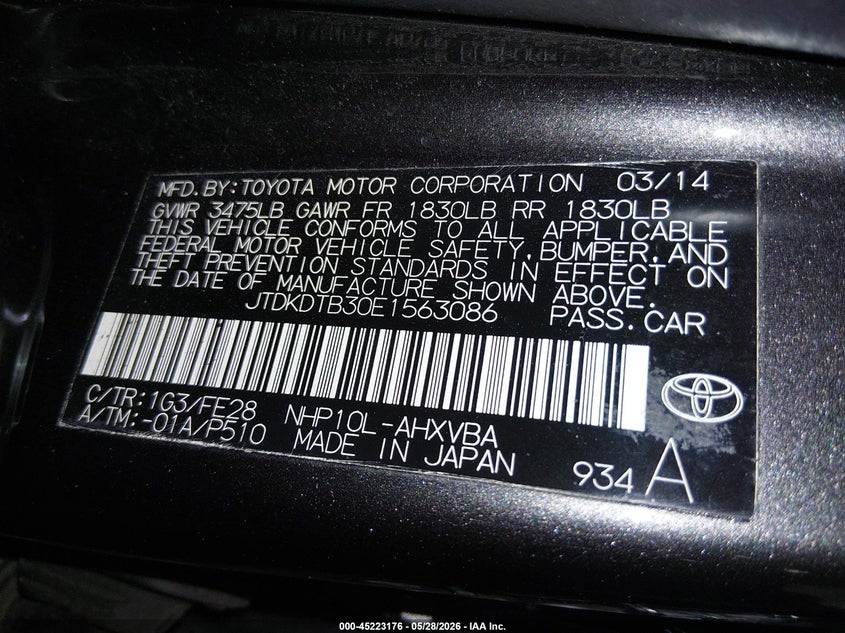 2014 Toyota Prius c VIN JTDKDTB30E1563086 IAAI salvage auction — UNKNOWN, Prior Salvage (Minnesota), sold $350 on 2026-07-29 (photo 9)