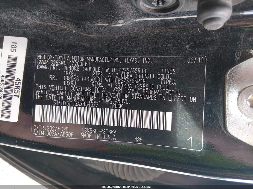 2010 Toyota Tundra VIN 5TFDY5F13AX154377 IAAI salvage auction — FRONT & REAR, Salvage (Kentucky), sold $3,200 on 2026-07-28 (photo 9)