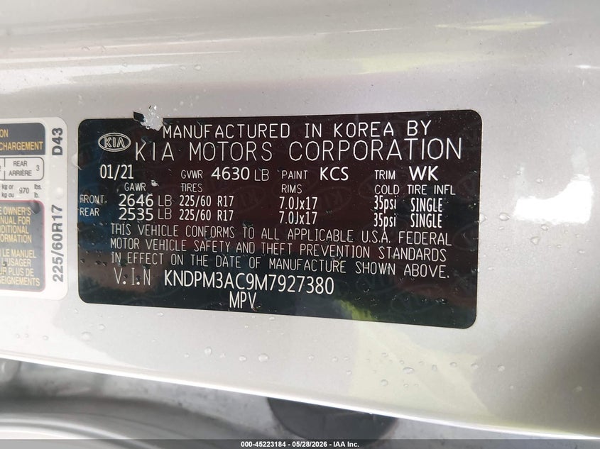 2021 Kia Sportage VIN KNDPM3AC9M7927380 IAAI salvage auction — HAIL, Salvage Title, sold $5,900 on 2026-07-20 (photo 9)