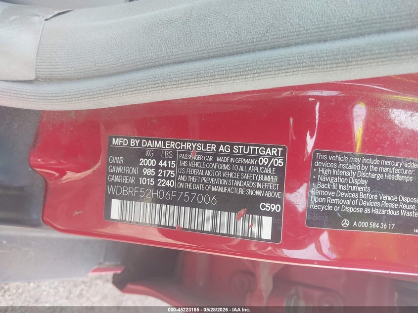 2006 Mercedes-benz C class VIN WDBRF52H06F757006 IAAI salvage auction — FRONT END, Salvage (Georgia), sold $400 on 2026-07-17 (photo 9)