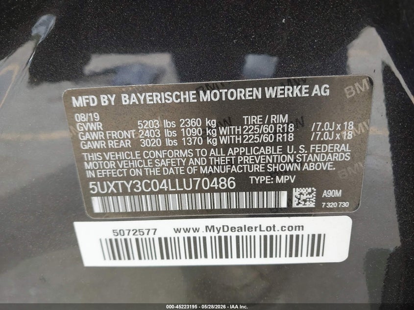 2020 BMW X3 VIN 5UXTY3C04LLU70486 IAAI salvage auction — LEFT FRONT, Salvage Title, sold $5,150 on 2026-07-22 (photo 9)