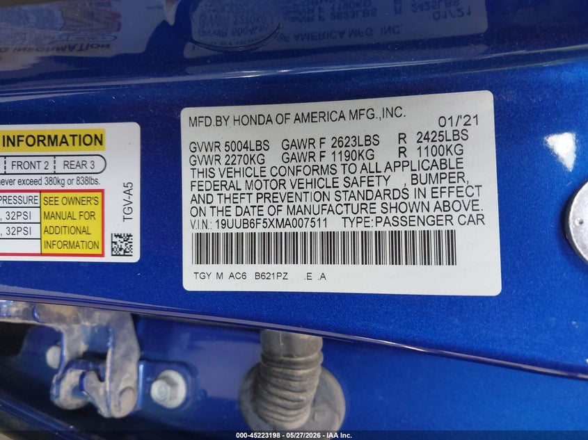 2021 Acura Tlx VIN 19UUB6F5XMA007511 IAAI salvage auction — FRONT END, Salvage Title, sold $7,800 on 2026-07-09 (photo 9)