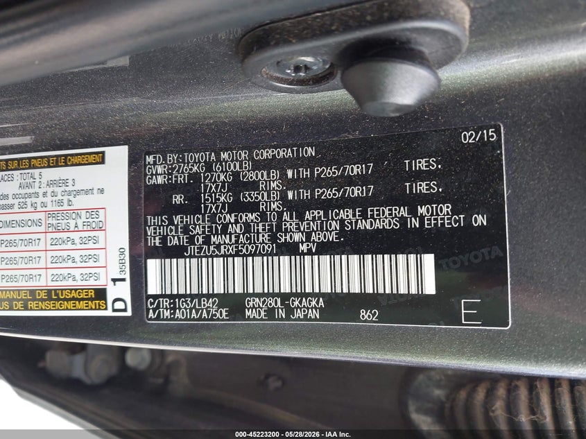 2015 Toyota 4runner VIN JTEZU5JRXF5097091 IAAI salvage auction — FRONT END, Salvage (Georgia), sold $7,400 on 2026-07-31 (photo 9)