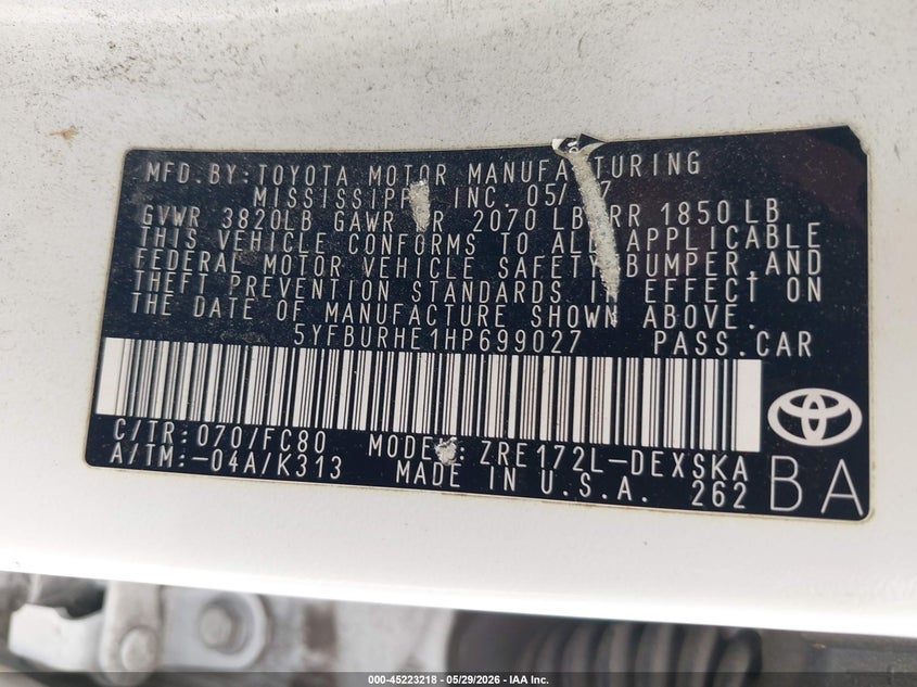 2017 Toyota Corolla VIN 5YFBURHE1HP699027 IAAI salvage auction — UNDERCARRIAGE, Original (Texas), sold $3,550 on 2026-07-15 (photo 9)
