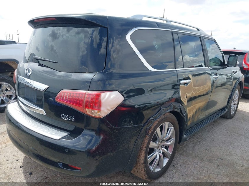 2013 Infiniti Qx56 VIN JN8AZ2NF5D9530053 IAAI salvage auction — EXTERIOR BURN, Salvage Title, sold $850 on 2026-07-28 (photo 4)