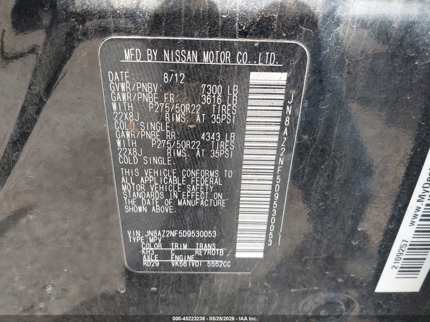 2013 Infiniti Qx56 VIN JN8AZ2NF5D9530053 IAAI salvage auction — EXTERIOR BURN, Salvage Title, sold $850 on 2026-07-28 (photo 9)