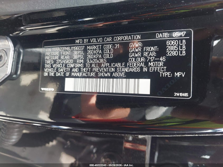 2018 Volvo Xc90 VIN YV4A22PM8J1196037 IAAI salvage auction — FRONT END, Salvage Title, sold $8,600 on 2026-07-06 (photo 9)