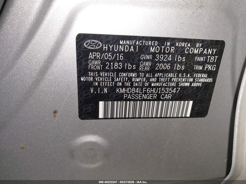 2017 Hyundai Elantra VIN KMHD84LF6HU153547 IAAI salvage auction — REAR END, Salvage (Oregon), sold $2,000 on 2026-07-30 (photo 9)