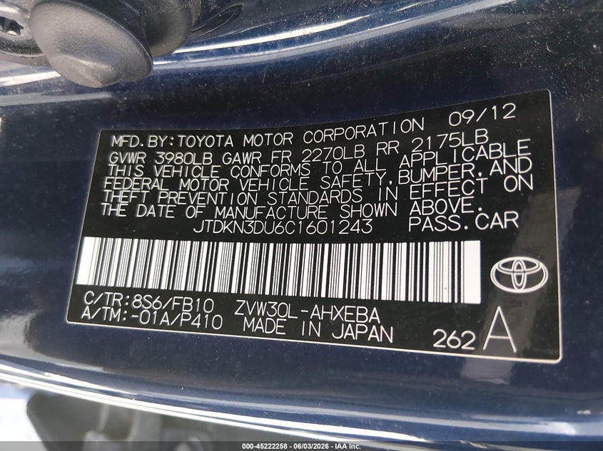 2012 Toyota Prius VIN JTDKN3DU6C1601243 IAAI salvage auction — ALL OVER, Salvage Title, sold $300 on 2026-07-21 (photo 9)