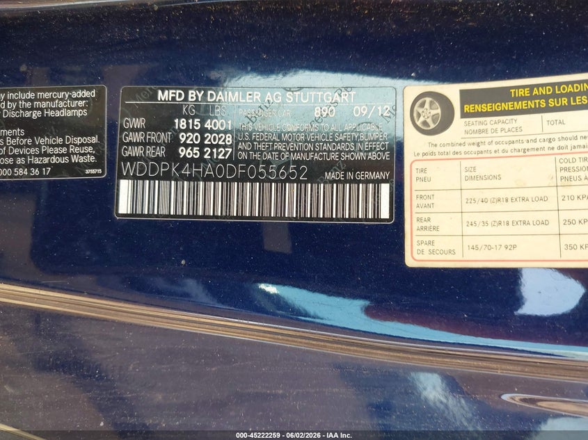 2013 Mercedes-benz Slk-klasse VIN WDDPK4HA0DF055652 IAAI salvage auction — HAIL, Salvage Title, sold $1,650 on 2026-07-20 (photo 9)