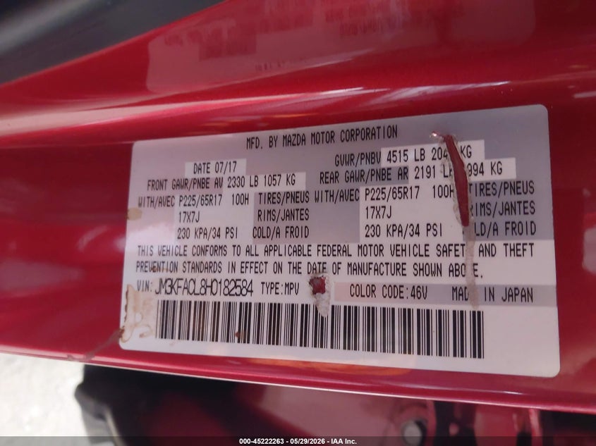 2017 Mazda Cx-5 VIN JM3KFACL8H0182584 IAAI salvage auction — FRONT END, Salvage (California), sold $4,250 on 2026-07-30 (photo 9)