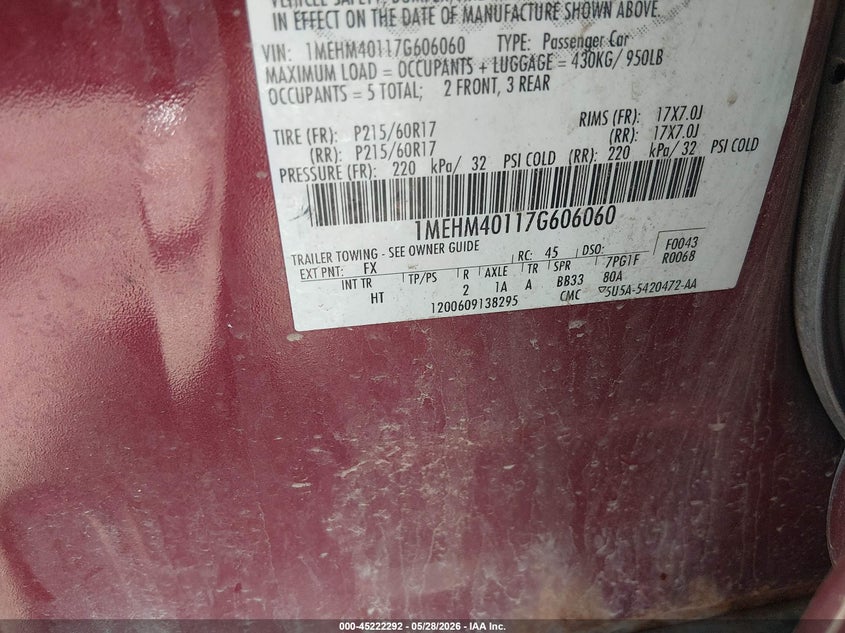 2007 Mercury Montego VIN 1MEHM40117G606060 IAAI salvage auction — FRONT END, Salvage (Ohio), sold $350 on 2026-07-08 (photo 9)