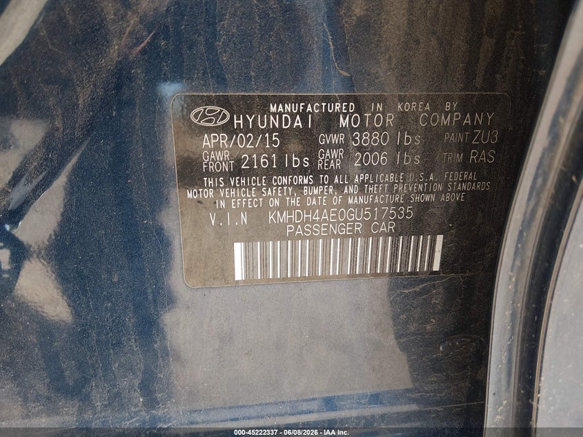 2016 Hyundai Elantra VIN KMHDH4AE0GU517535 IAAI salvage auction — LEFT FRONT, Salvage Title, sold $750 on 2026-07-14 (photo 9)