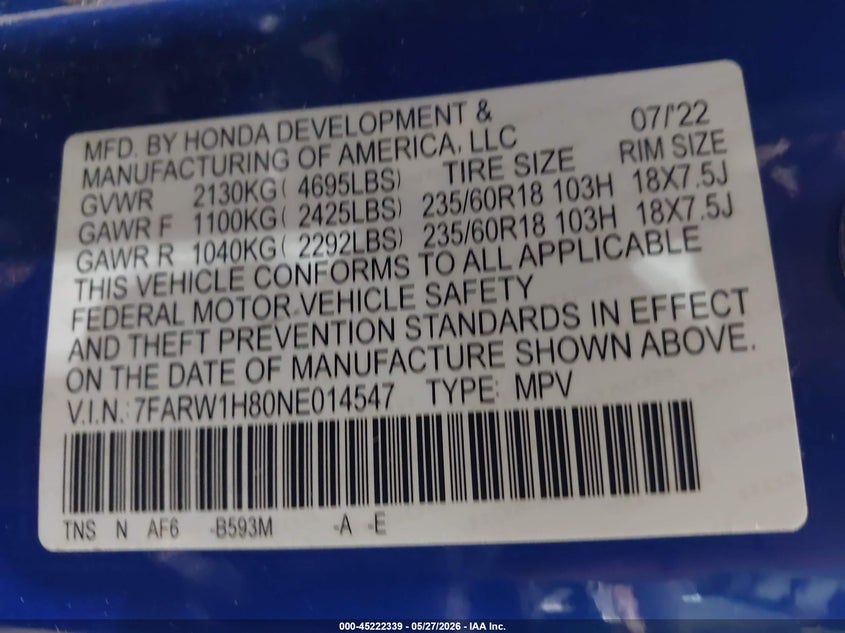 2022 Honda Cr-v VIN 7FARW1H80NE014547 IAAI salvage auction — FRONT END, Salvage Title, sold $9,400 on 2026-07-30 (photo 9)