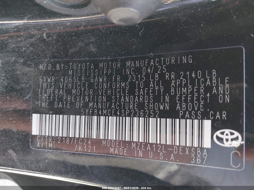 2025 Toyota Corolla VIN 5YFB4MCE4SP236252 IAAI salvage auction — REAR END, Salvage Title, sold $425 on 2026-07-28 (photo 9)