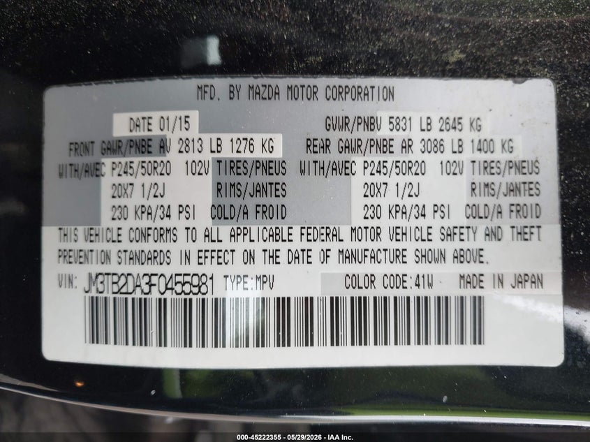 2015 Mazda Cx-9 VIN JM3TB2DA3F0455981 IAAI salvage auction — RIGHT SIDE, Salvage (South Carolina), sold $750 on 2026-07-15 (photo 9)