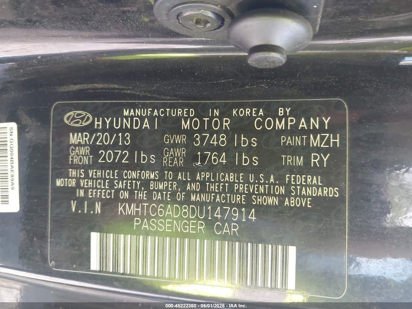 2013 Hyundai Veloster VIN KMHTC6AD8DU147914 IAAI salvage auction — NORMAL WEAR, Salvage Title, sold $1,100 on 2026-07-24 (photo 9)