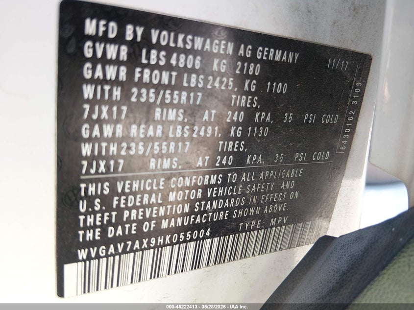 2017 Volkswagen Tiguan VIN WVGAV7AX9HK055004 IAAI salvage auction — REAR END, Original (Texas), sold $2,900 on 2026-07-28 (photo 9)