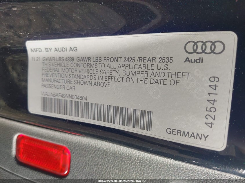 2022 Audi A4 VIN WAUABAF49NN004604 IAAI salvage auction — RIGHT FRONT, Salvage Title, sold $5,600 on 2026-07-16 (photo 9)