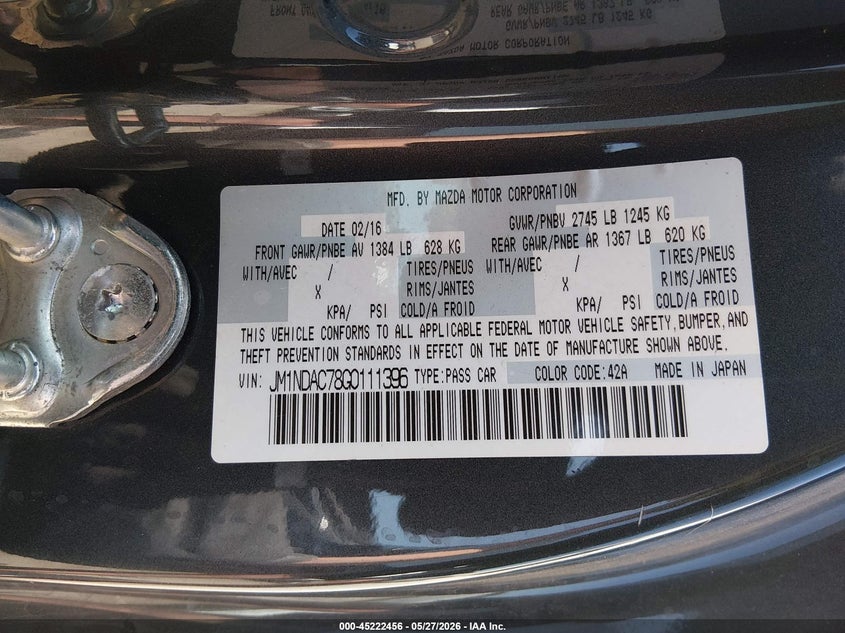 2016 Mazda Mx-5 VIN JM1NDAC78G0111396 IAAI salvage auction — FRONT END, Salvage Title, sold $2,300 on 2026-07-14 (photo 9)