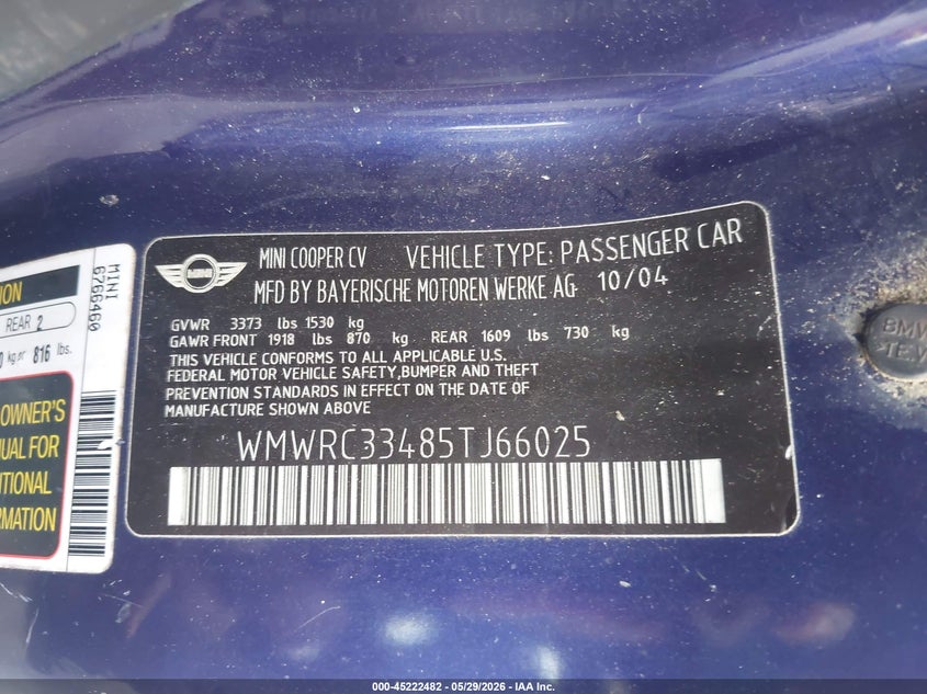 2005 Mini Cooper VIN WMWRC33485TJ66025 IAAI salvage auction — RIGHT FRONT, Salvage (Georgia), sold $325 on 2026-07-15 (photo 9)