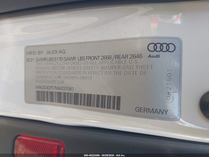 2021 Audi S5 VIN WAUC4CF57MA037081 IAAI salvage auction — LEFT FRONT, Salvage Title, sold $12,350 on 2026-09-29 (photo 9)