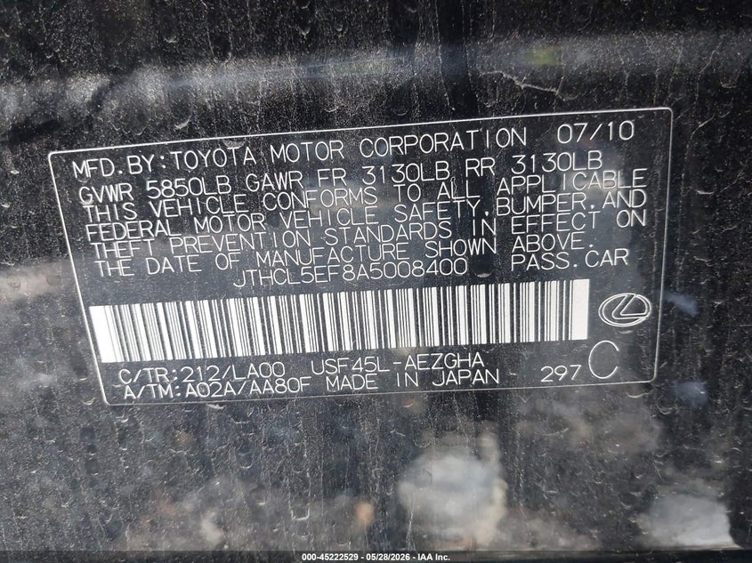 2010 Lexus Ls VIN JTHCL5EF8A5008400 IAAI salvage auction — REAR END, Clear (Virginia), sold $2,200 on 2026-07-28 (photo 9)