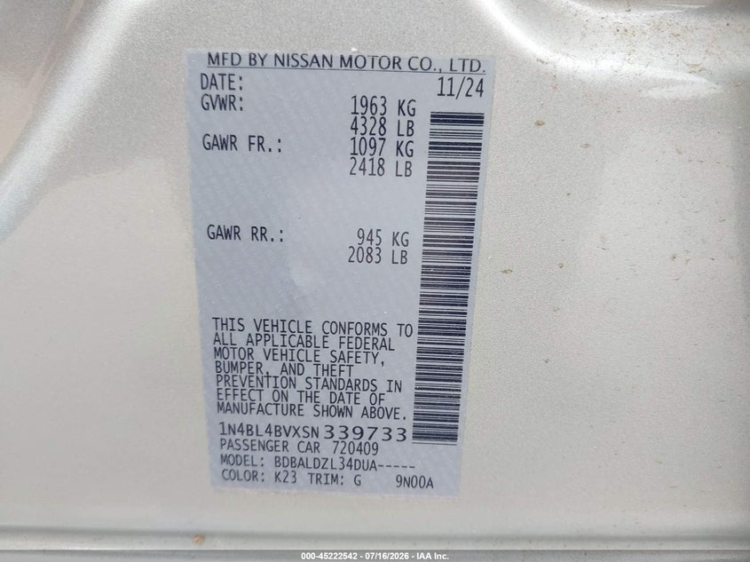 2025 Nissan Altima VIN 1N4BL4BVXSN339733 IAAI salvage auction — RIGHT SIDE, Original (Texas), sold $10,800 on 2026-09-11 (photo 9)