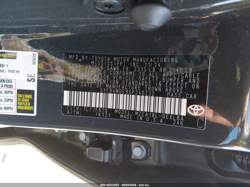 2025 Toyota Corolla VIN 5YFB4MDE9SP240232 IAAI salvage auction — FRONT END, Salvage Title, sold $4,300 on 2026-07-30 (photo 9)