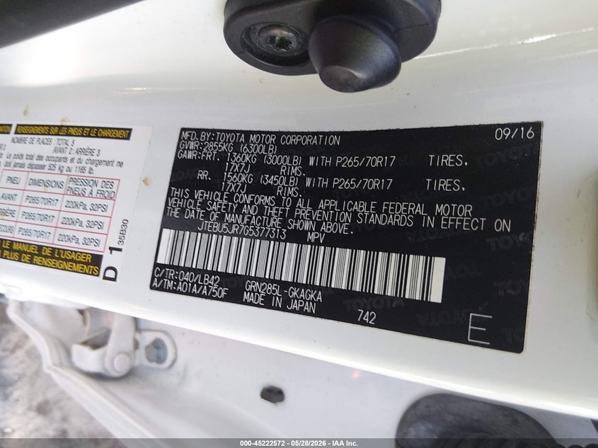 2016 Toyota 4runner VIN JTEBU5JR7G5377313 IAAI salvage auction — FRONT END, Salvage Title, sold $8,075 on 2026-07-09 (photo 9)