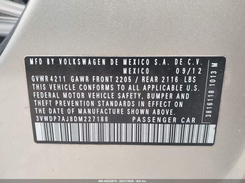 2013 Volkswagen Jetta VIN 3VWDP7AJ8DM227188 IAAI salvage auction — FRONT END, Original (Texas), sold $925 on 2026-07-25 (photo 9)