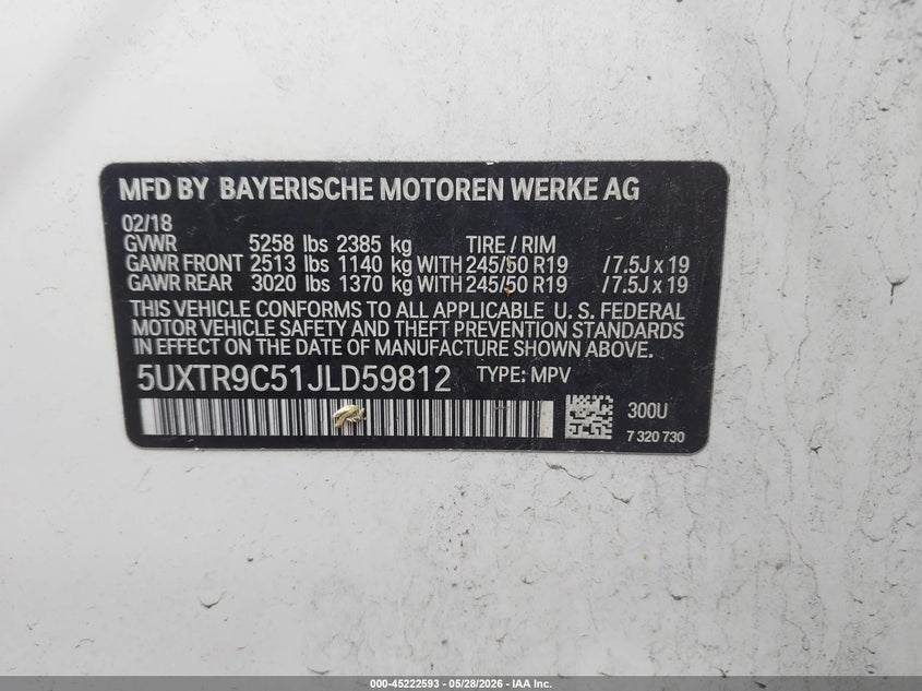 2018 BMW X3 VIN 5UXTR9C51JLD59812 IAAI salvage auction — FRONT END, Salvage (Idaho), sold $2,350 on 2026-07-28 (photo 9)