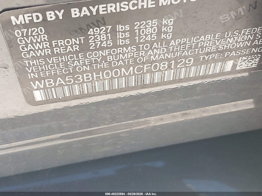 2021 BMW 5er VIN WBA53BH00MCF08129 IAAI salvage auction — FRONT END, Salvage Title, sold $13,900 on 2026-08-07 (photo 9)