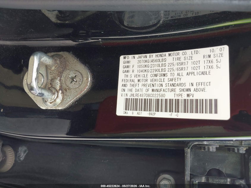 2008 Honda Cr-v VIN JHLRE48708C022580 IAAI salvage auction — NORMAL WEAR, Repossessed (Missouri), sold $650 on 2026-07-23 (photo 9)