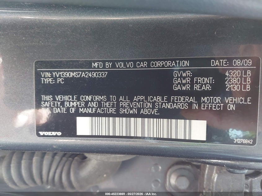 2010 Volvo S40 VIN YV1390MS7A2490337 IAAI salvage auction — NORMAL WEAR, Original (Maine), sold $450 on 2026-07-06 (photo 9)