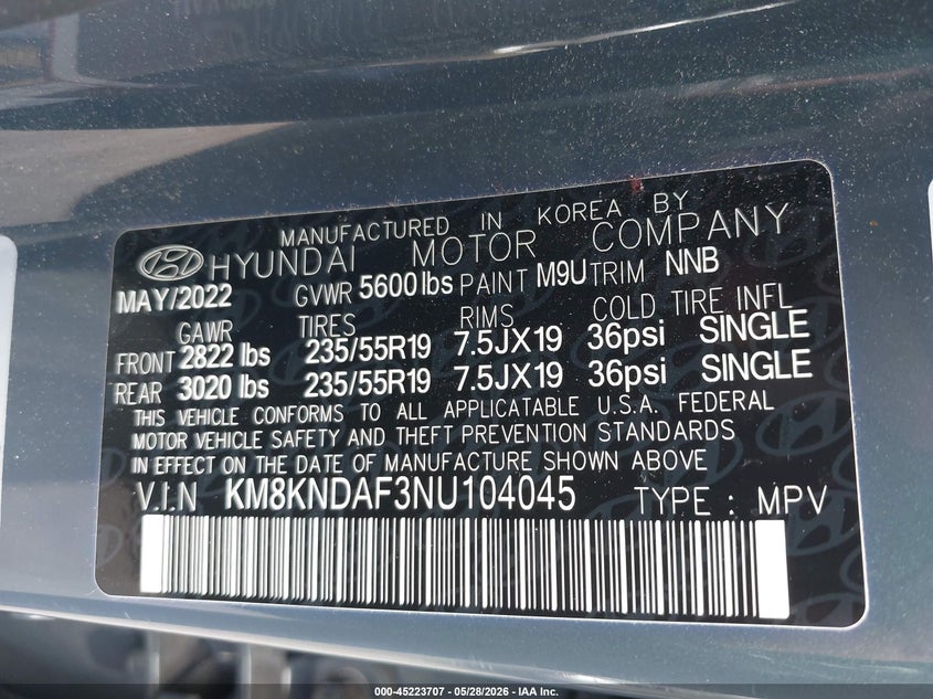 2022 Hyundai Ioniq 5 VIN KM8KNDAF3NU104045 IAAI salvage auction — SIDE, Salvage Title, sold $8,300 on 2026-07-11 (photo 9)