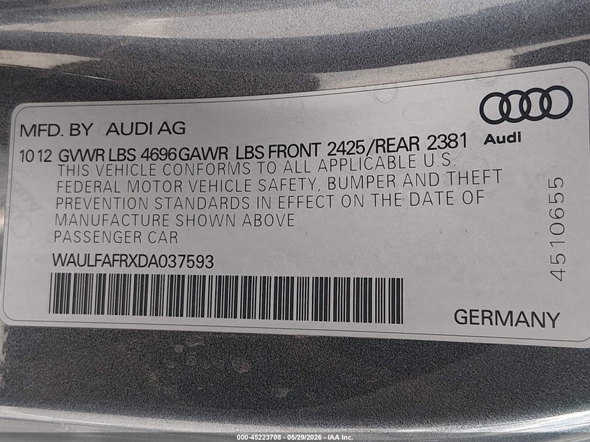 2013 Audi A5 VIN WAULFAFRXDA037593 IAAI salvage auction — FRONT END, Salvage Title, sold $400 on 2026-07-17 (photo 9)