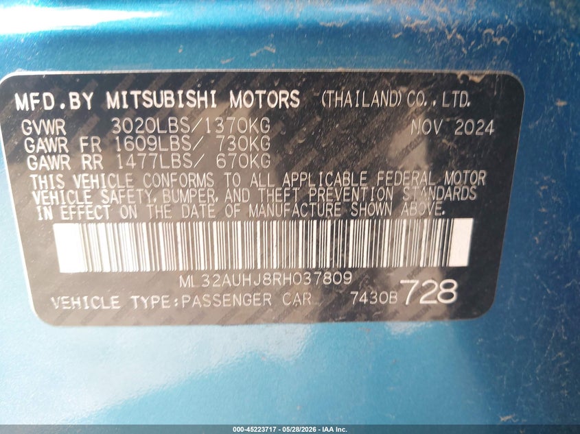 2024 Mitsubishi Mirage VIN ML32AUHJ8RH037809 IAAI salvage auction — FRONT END, Salvage Title, sold $1,000 on 2026-08-02 (photo 9)
