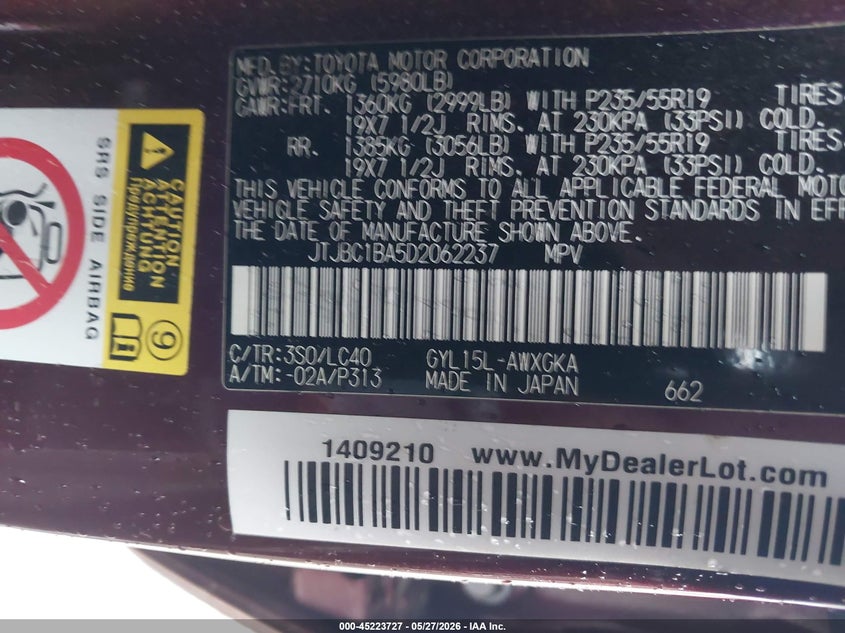 2013 Lexus Rx VIN JTJBC1BA5D2062237 IAAI salvage auction — REAR END, Original (Texas), sold $5,500 on 2026-07-22 (photo 9)