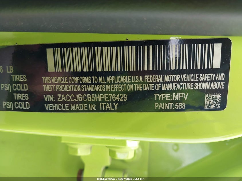 2017 Jeep Renegade VIN ZACCJBCB5HPE76429 IAAI salvage auction — FRONT END, Original (Texas), sold $25 on 2026-07-28 (photo 9)