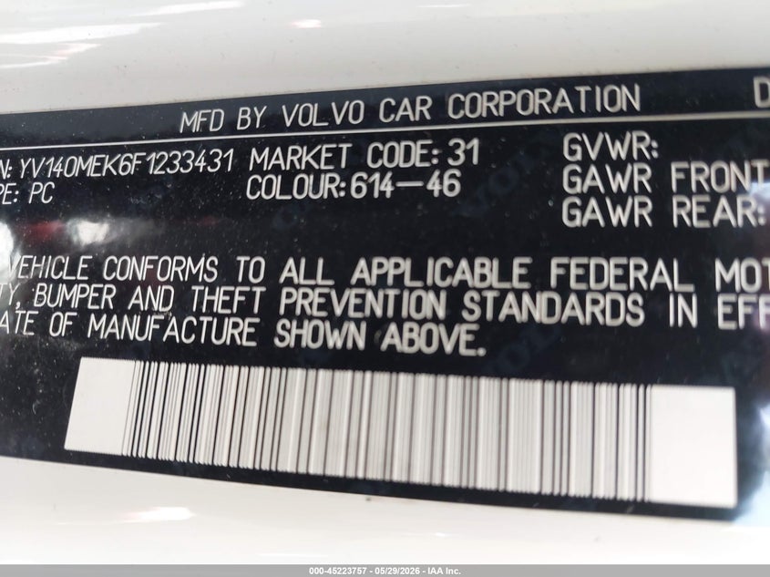 2015 Volvo V60 VIN YV140MEK6F1233431 IAAI salvage auction — FRONT END, Salvage Title, sold $425 on 2026-07-12 (photo 9)