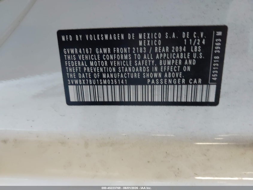 2025 Volkswagen Jetta VIN 3VWBX7BU1SM035141 IAAI salvage auction — RIGHT SIDE, Salvage (Oregon), sold $7,150 on 2026-09-03 (photo 9)