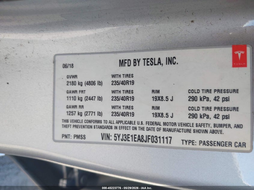 2018 Tesla Model 3 VIN 5YJ3E1EA8JF031117 IAAI salvage auction — LEFT FRONT, Salvage Title, sold $3,300 on 2026-07-16 (photo 9)