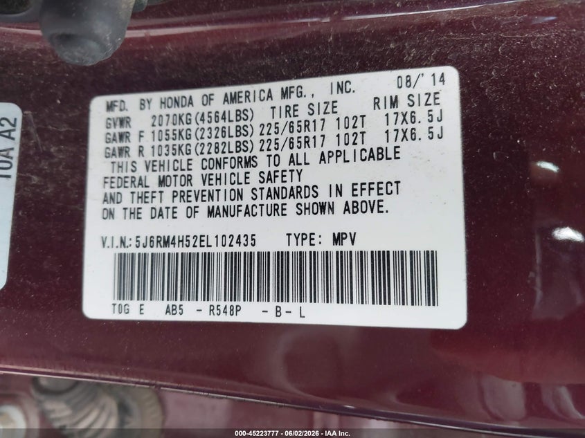 2014 Honda Cr-v VIN 5J6RM4H52EL102435 IAAI salvage auction — HAIL, Salvage Title, sold $3,800 on 2026-07-30 (photo 9)