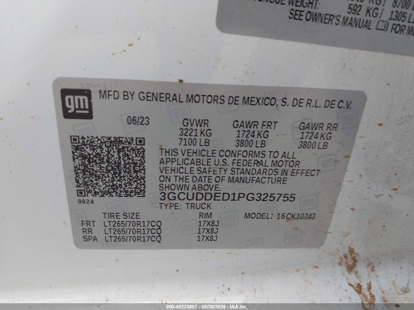 2023 Chevrolet Silverado VIN 3GCUDDED1PG325755 IAAI salvage auction — HAIL, Salvage Title, sold $17,000 on 2026-07-29 (photo 9)